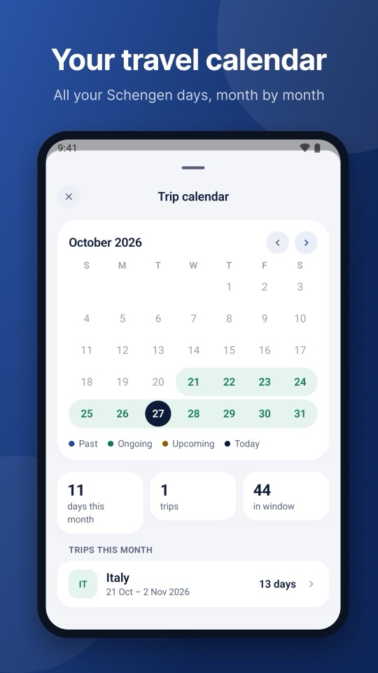 Calendar showing Schengen days month by month