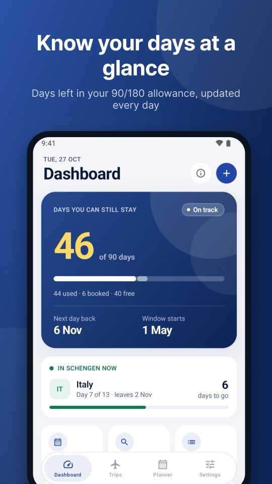 Android dashboard showing 46 of 90 days you can still stay, the next day back and the trip in progress
