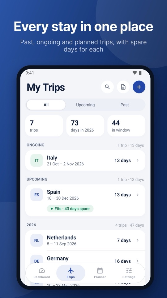 Trips screen with ongoing, upcoming and past stays