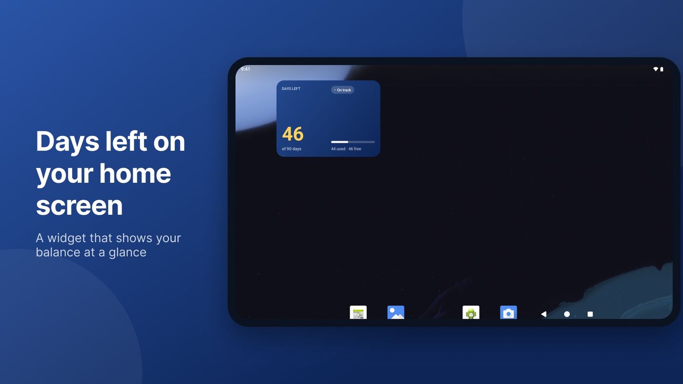 Android tablet home screen with the medium Schengen Calculator widget: 46 days left, On track, 44 used and 46 free