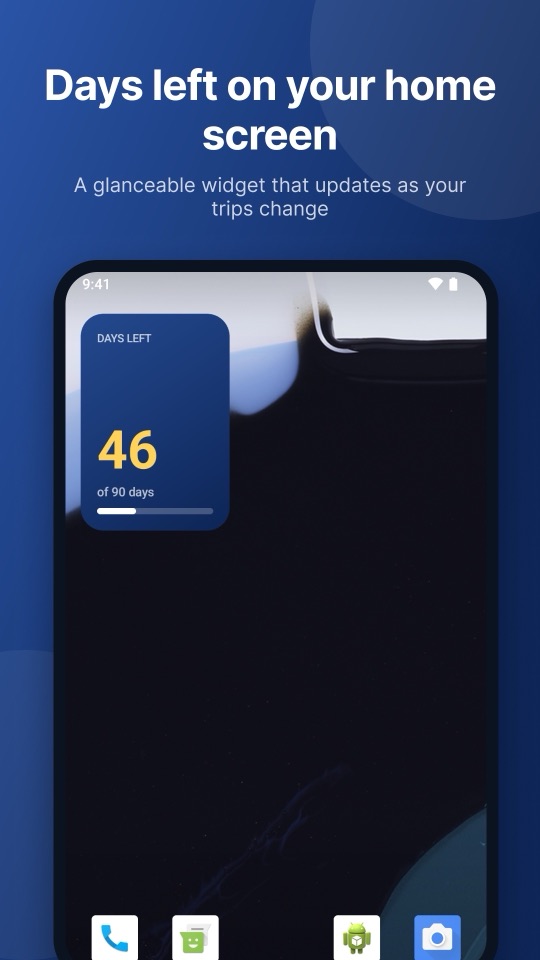 Android home screen with the Schengen Calculator widget showing 46 of 90 days left